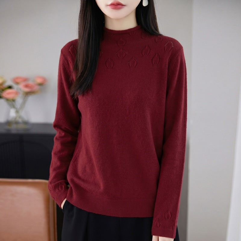 Damen Leichter Stehkragenpullover mit floralem Ajour‑Yoke und feiner Rippkante Echoarchiv