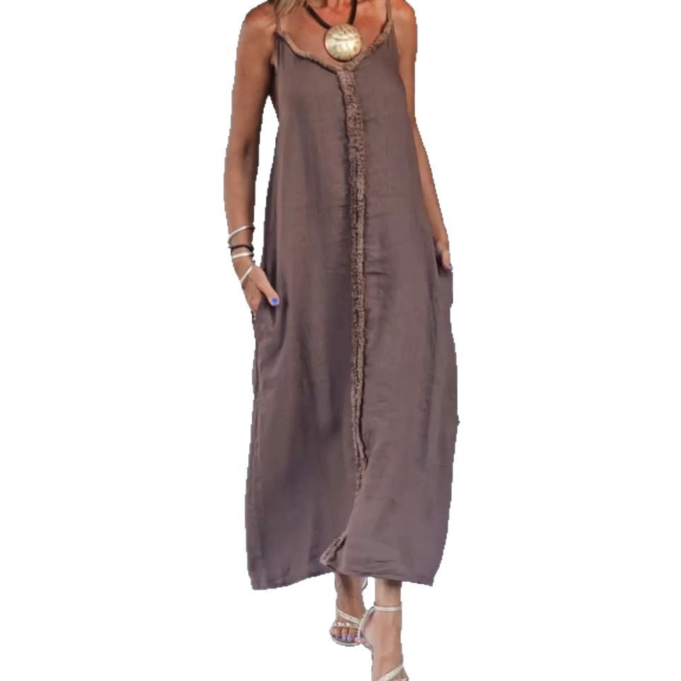 Damen nan luftiges Leinenoptik-Maxi-Trägerkleid mit fransiger Mittelnaht und Eingrifftaschen Echo Archiv