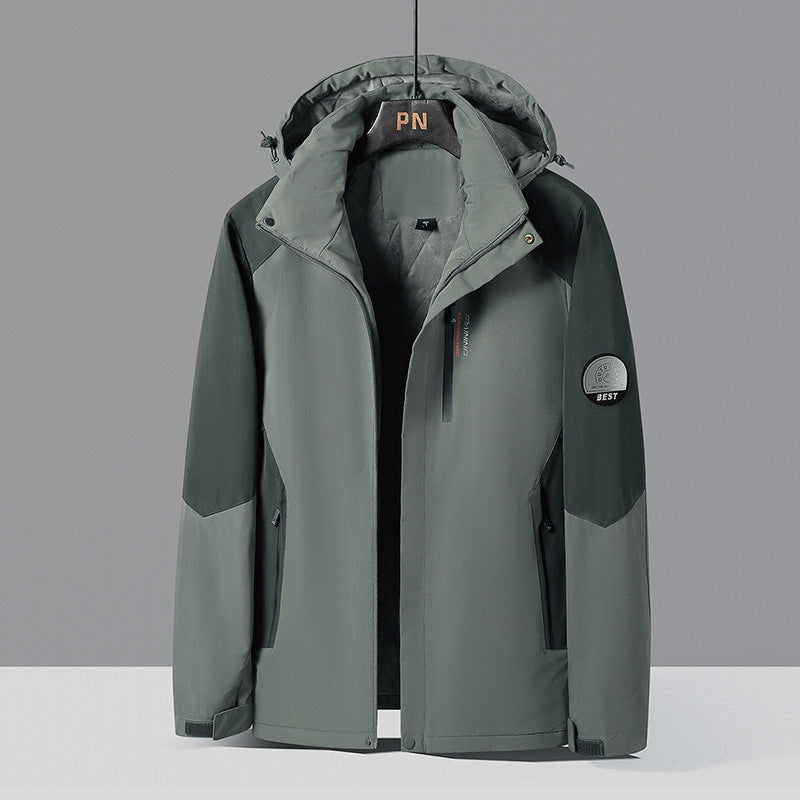 Herren zweifarbige Softshell-Outdoormantel mit winddichter Membran, verstellbarer Kapuze und verdeckter Brusttasche – Taviero