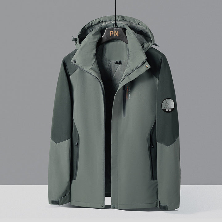 Herren zweifarbige Softshell-Outdoormantel mit winddichter Membran, verstellbarer Kapuze und verdeckter Brusttasche – Taviero