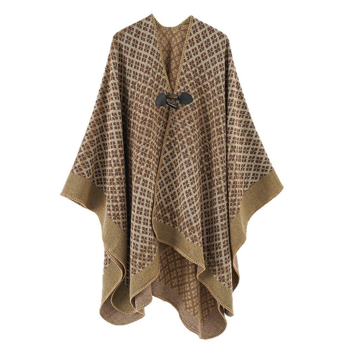 Damen Wollponcho mit geometrischem Karomuster und Knebelverschluss Echo Archiv