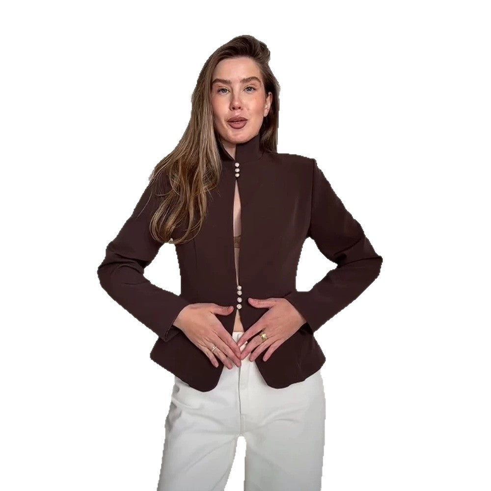 Damen Taillierter Blazer mit Stehkragen und Perlenknopf-Leiste Echoarchiv