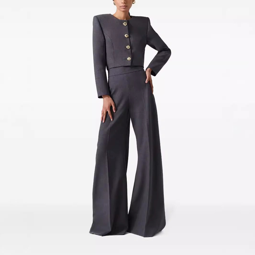 Damen Zweiteiliger Tailoring-Anzug Kurzblazer mit markanter Schulter und hochtaillierter Palazzohose Echoarchiv