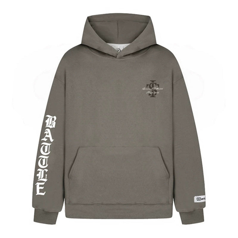 Unisex Oversize-Kapuzenpullover mit Gothic-Ärmelprint und Kängurutasche Echoarchiv
