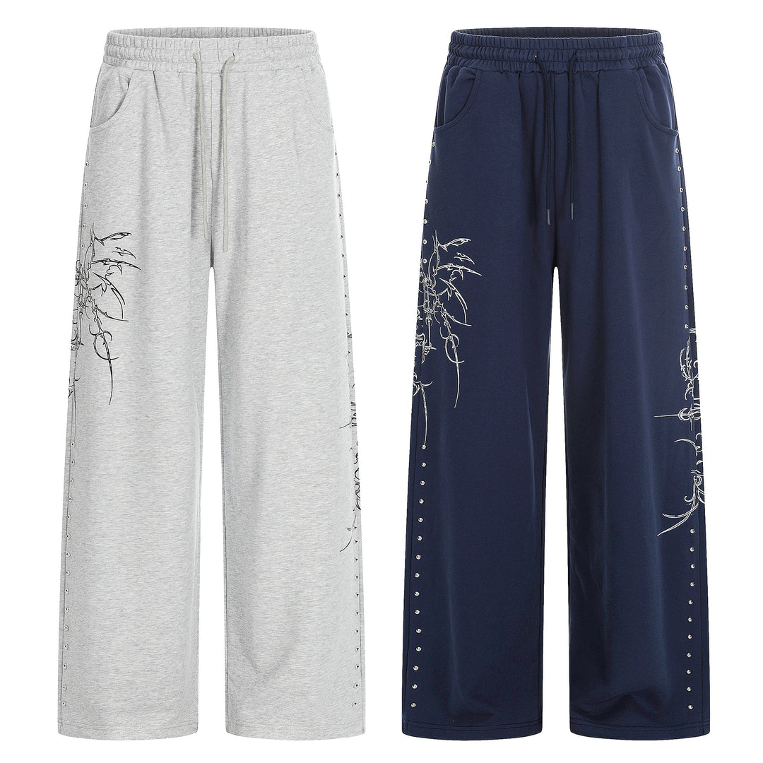 Damen Weite Sweatpants mit Tunnelzug, Ziernieten und grafischem Print Echoarchiv