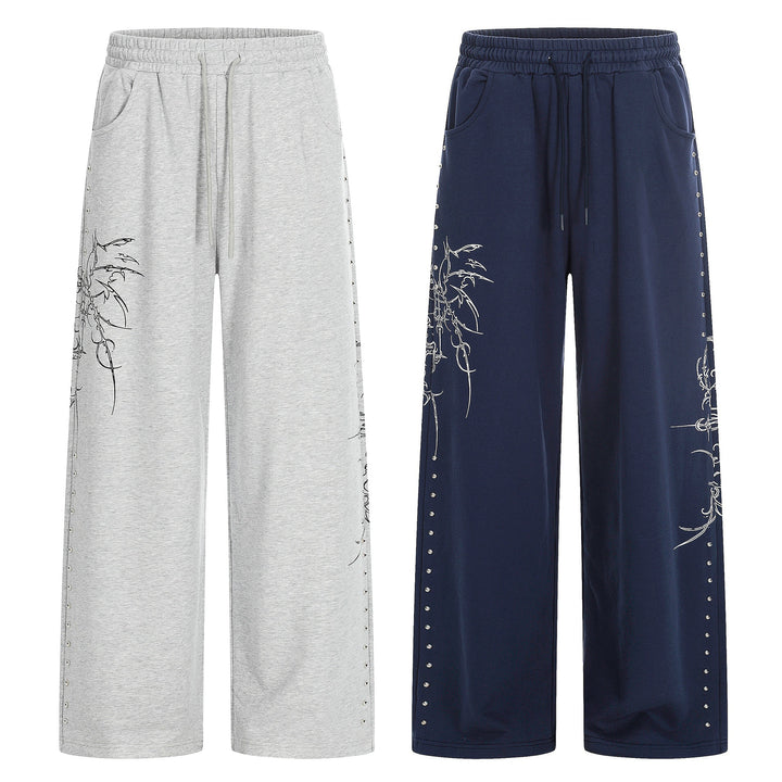 Damen Weite Sweatpants mit Tunnelzug, Ziernieten und grafischem Print Echoarchiv
