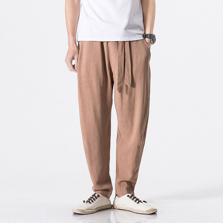 Herren nan entspannte Leinen-Baumwoll Harem-Joggerhose mit verdecktem Tunnelzug und tapered Bein Echo Archiv