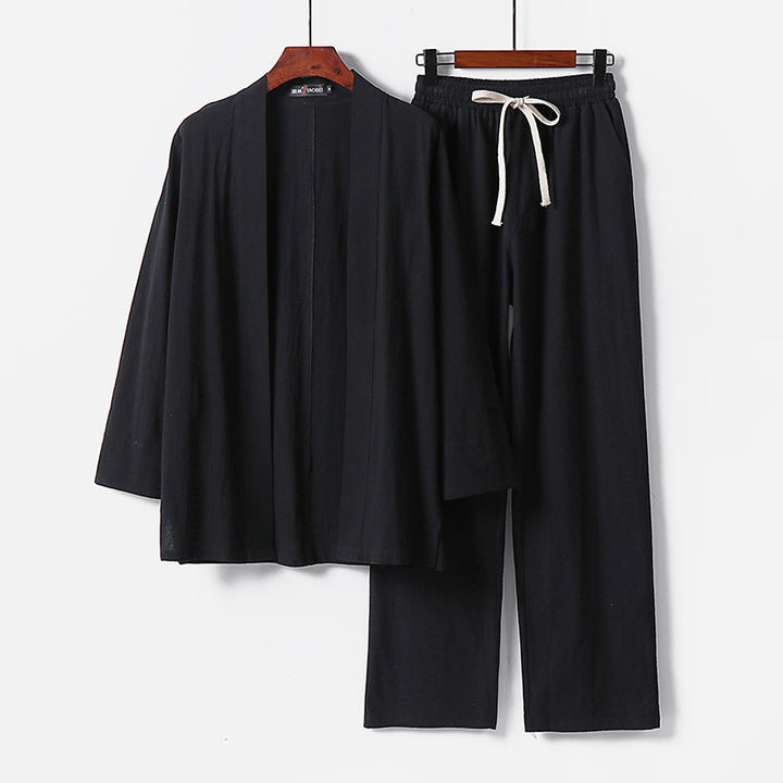 Herren Lockeres Kimono-Loungewear-Set aus leichter Baumwollmischung mit elastischer Kordelhose Echoarchiv
