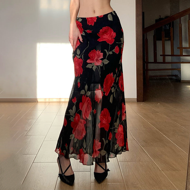 Damen Langes Satin-Chiffon Maxirock mit floralem Aquarellprint Echo Archiv