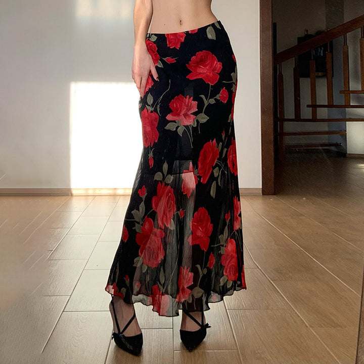 Damen Langes Satin-Chiffon Maxirock mit floralem Aquarellprint Echo Archiv