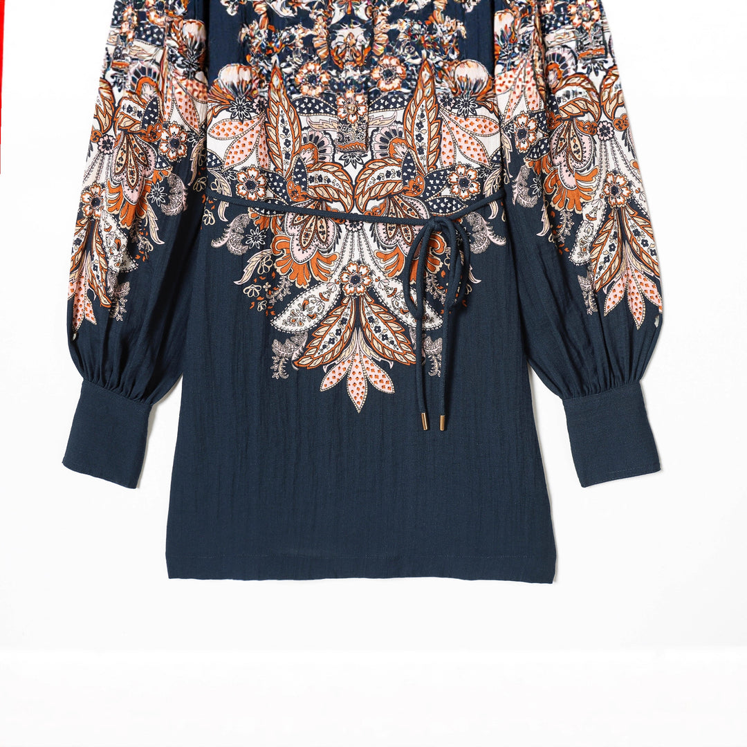 Damen Paisley-Tunika mit Stehkragen, Taillenzug und Ballonärmeln – Élovi