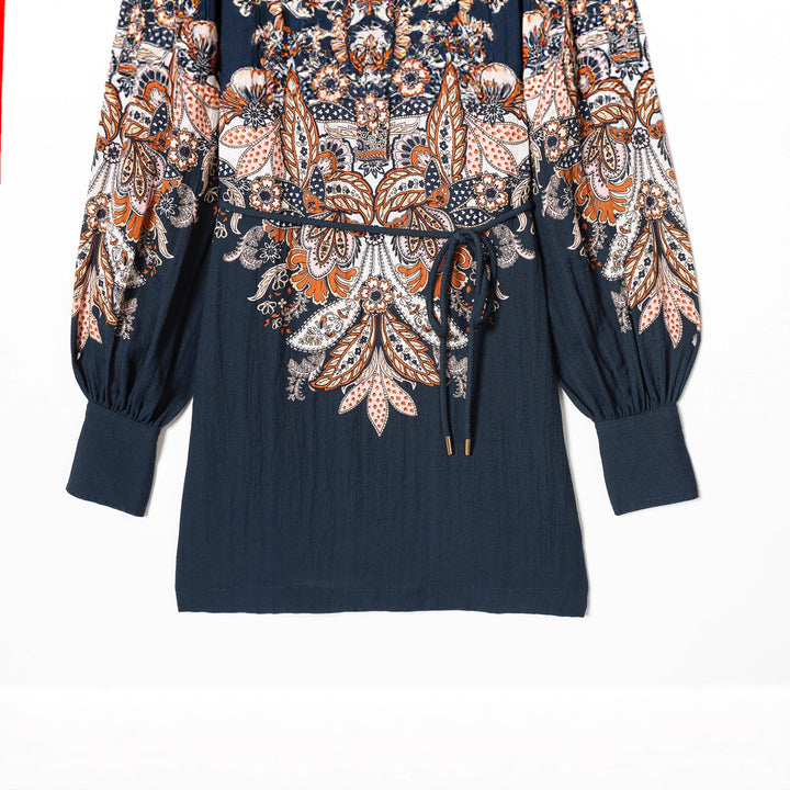 Damen Paisley-Tunika mit Stehkragen, Taillenzug und Ballonärmeln – Élovi