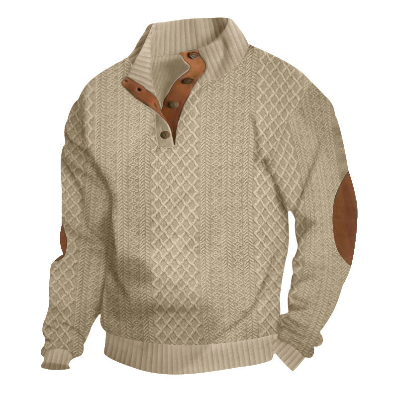Herren nan gehobener Strickpullover mit Rautenmuster, hohem Rippkragen, knöpfbarer Latzleiste und Lederbesatz an Ellenbogen Echo Archiv