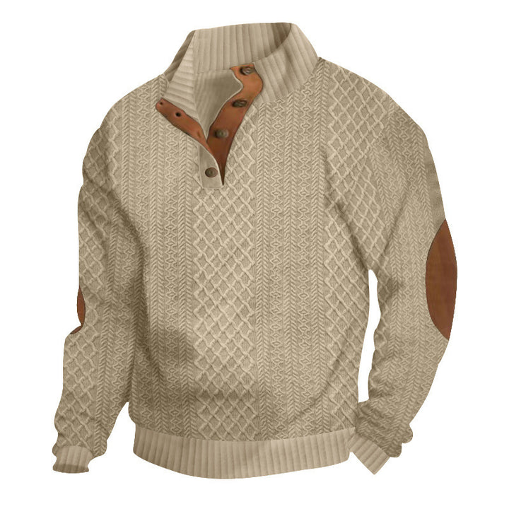 Herren nan gehobener Strickpullover mit Rautenmuster, hohem Rippkragen, knöpfbarer Latzleiste und Lederbesatz an Ellenbogen Echo Archiv