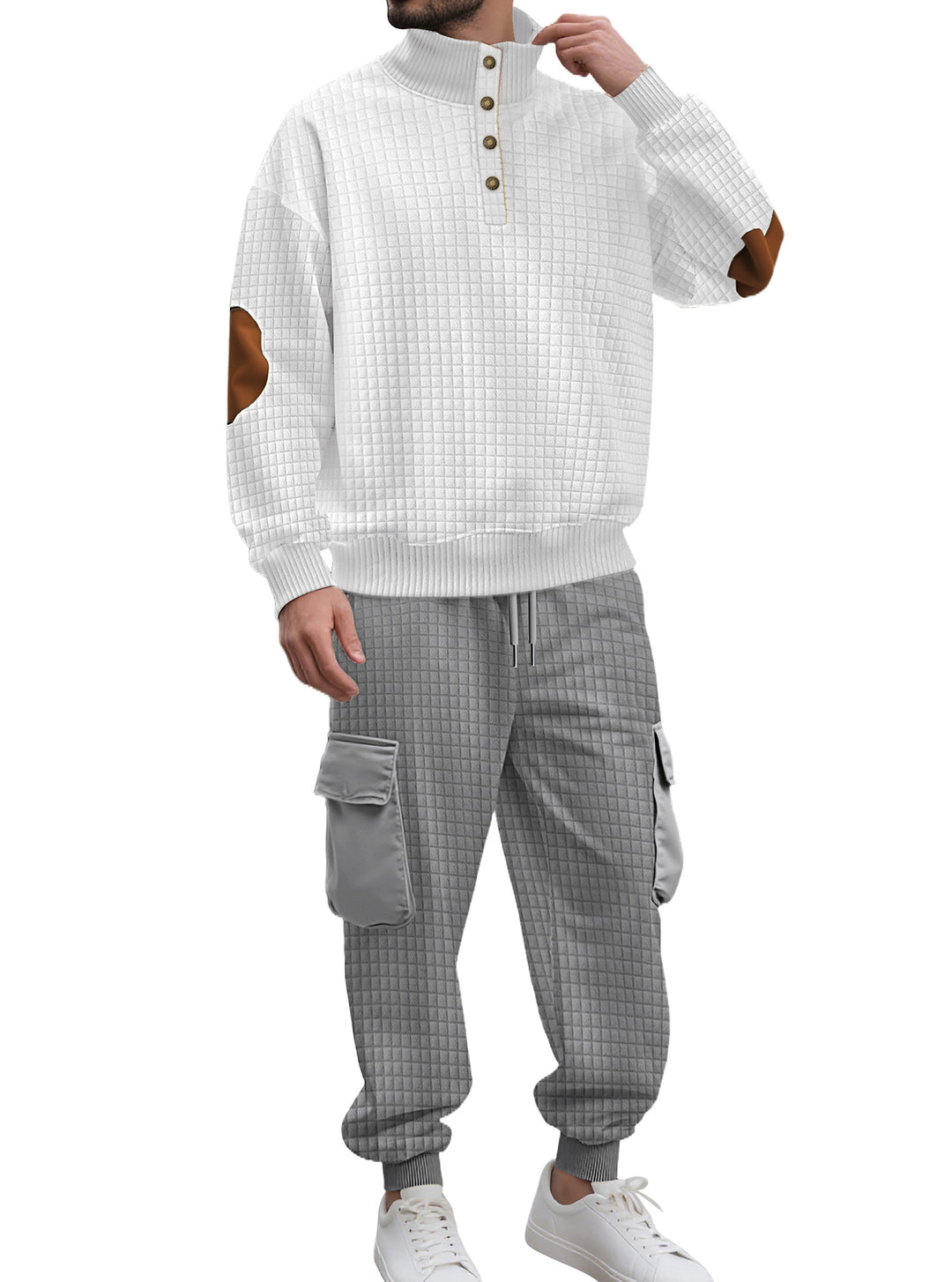 Herren nan Karo-Relief-Sweatset mit Stehkragen-Knopfleiste, Velours-Ellenbogenpatches und Cargo-Jogger Echo Archiv
