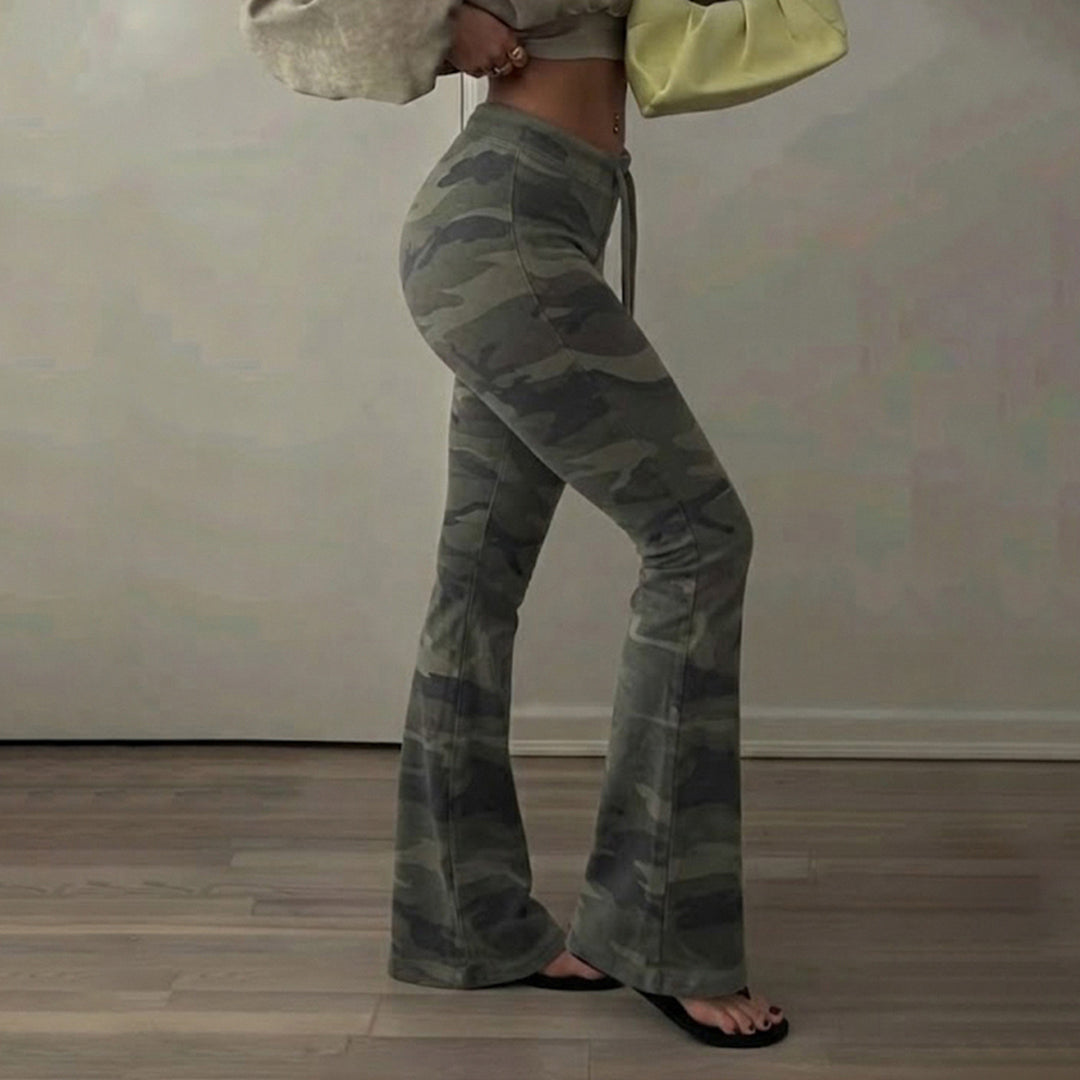 Damen Weiche Schlaghose im Camouflage-Muster mit Tunnelzug und hoher Taille Echo Archiv