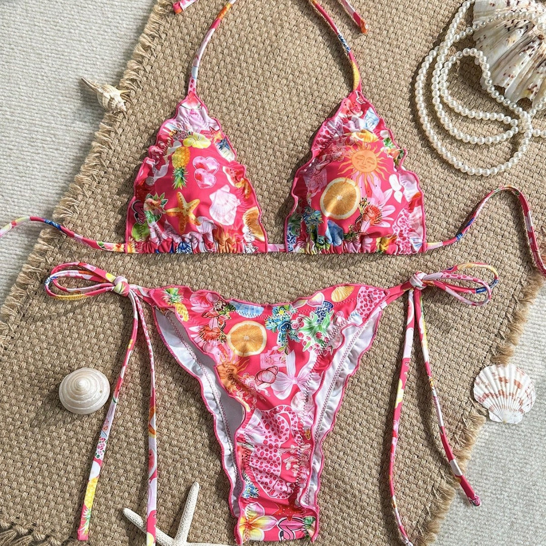 Damen Triangel-Bikini mit Rüschendetails und lebhaftem Blumendruck Echo Archiv