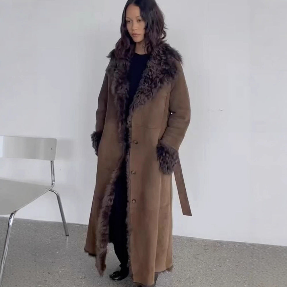 Damen Maxilanger Kunstvelours-Mantel im Shearling-Stil mit Schalkragen und Knopfleiste Echoarchiv