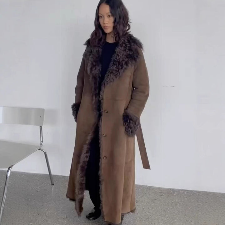 Damen Maxilanger Kunstvelours-Mantel im Shearling-Stil mit Schalkragen und Knopfleiste Echoarchiv