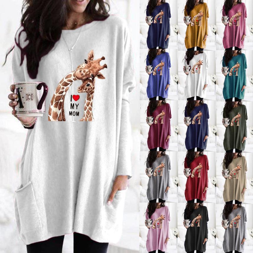 Frauen Übergroße Sweatkleid mit Giraffenmuster, Rundhalsausschnitt und Seitentaschen Echoarchiv