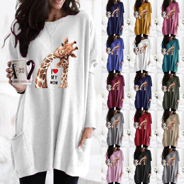 Frauen Übergroße Sweatkleid mit Giraffenmuster, Rundhalsausschnitt und Seitentaschen Echoarchiv