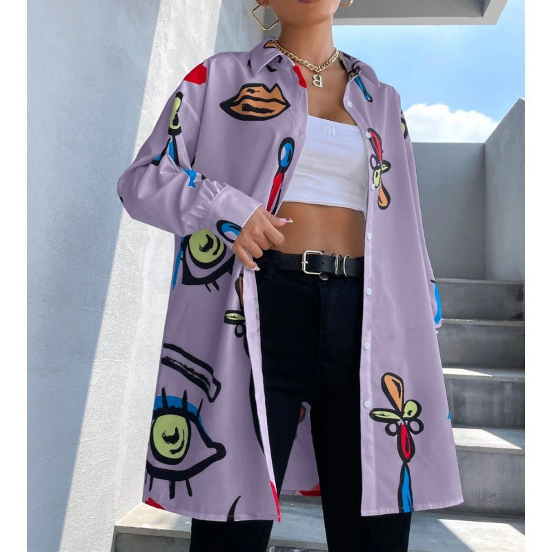 Damen Oversized Longbluse mit Pop‑Art‑Print, Hemdkragen und durchgehender Knopfleiste Echo Archiv