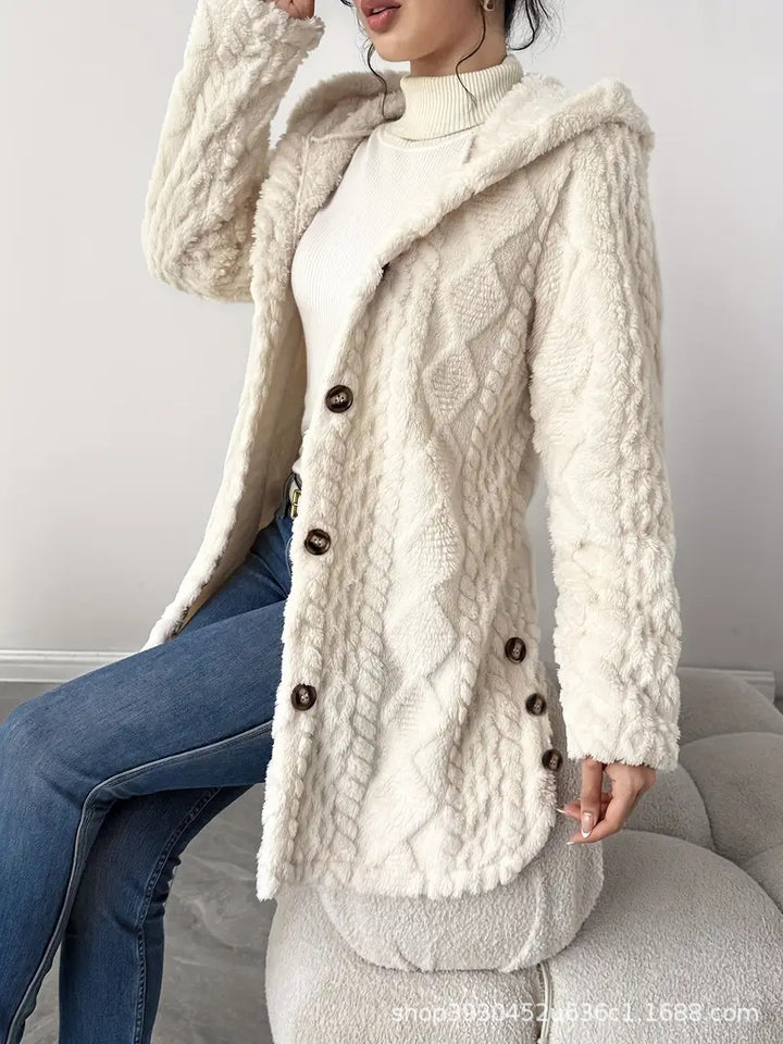 Damen Kapuzen‑Teddyjacke mit Knopfleiste und strukturierter Oberfläche Echo Archiv