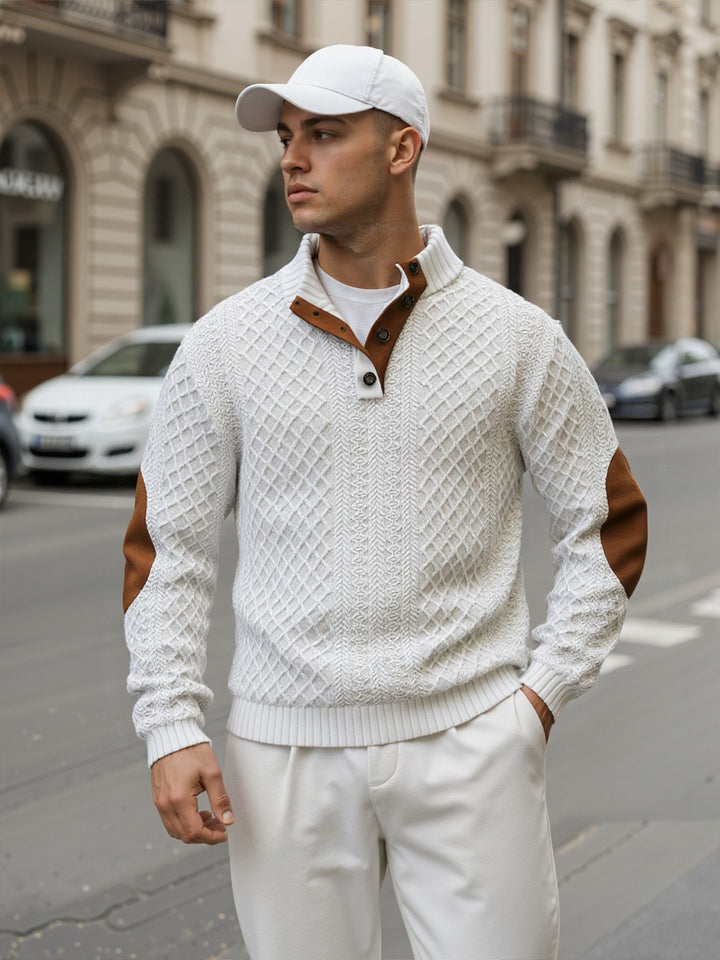 Herren Troyer-Pullover mit Stehkragen, strukturierter Strickoptik und Kontrast-Ellbogenpatches Echoarchiv