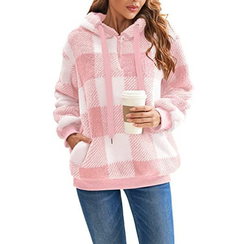Damen Oversized Sherpa-Hoodie im Karomuster mit halbem Reißverschluss und Kängurutasche Echo Archiv