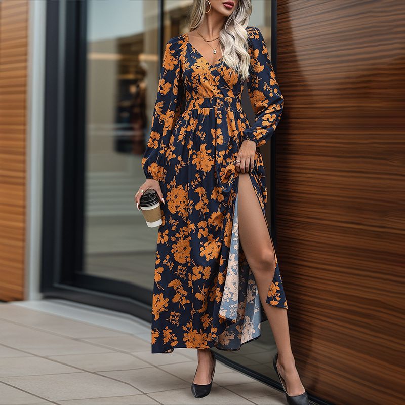 Damen Florales Maxikleid mit Wickel‑Dekolleté, Smock‑Taillenband und hohem Seitenschlitz Echoarchiv