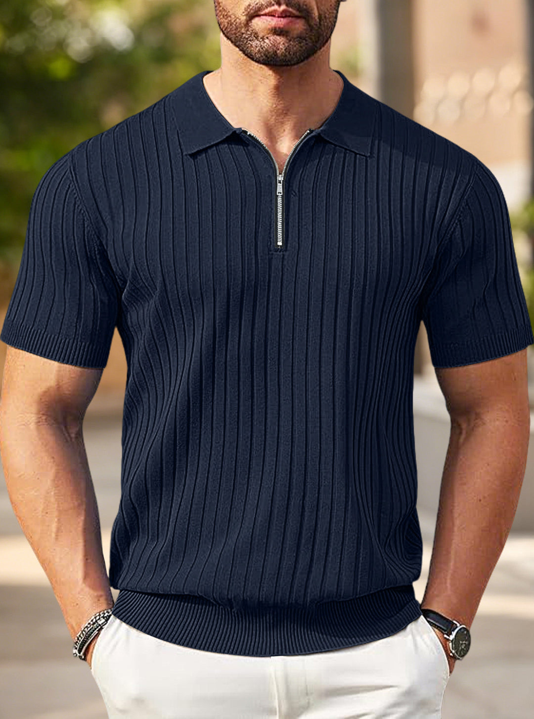 Herren nan elegantes strukturiertes Kurzarm-Strickpolo mit kurzem Metallreißverschluss und Hemdkragen Echo Archiv