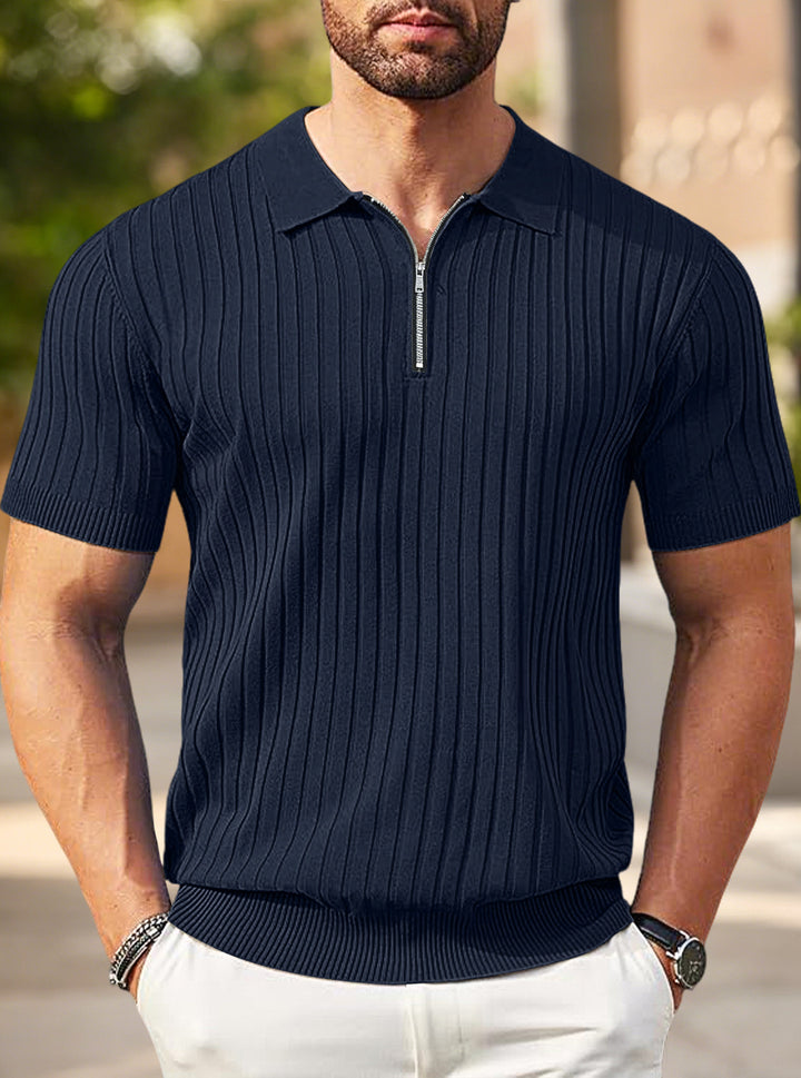 Herren nan elegantes strukturiertes Kurzarm-Strickpolo mit kurzem Metallreißverschluss und Hemdkragen Echo Archiv