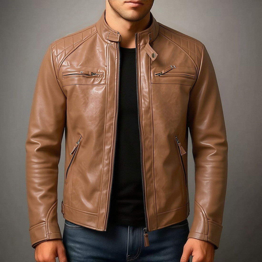 Herren Biker-inspirierte Kunstlederjacke mit Stehkragen, gesteppter Schulterpartie und Reißverschlusstaschen Echo Archiv