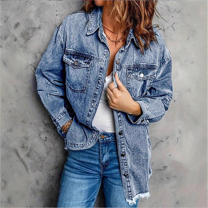 Damen Oversized Denim‑Hemdjacke mit Pattentaschen, Used‑Look und rohem Saum Echo Archiv