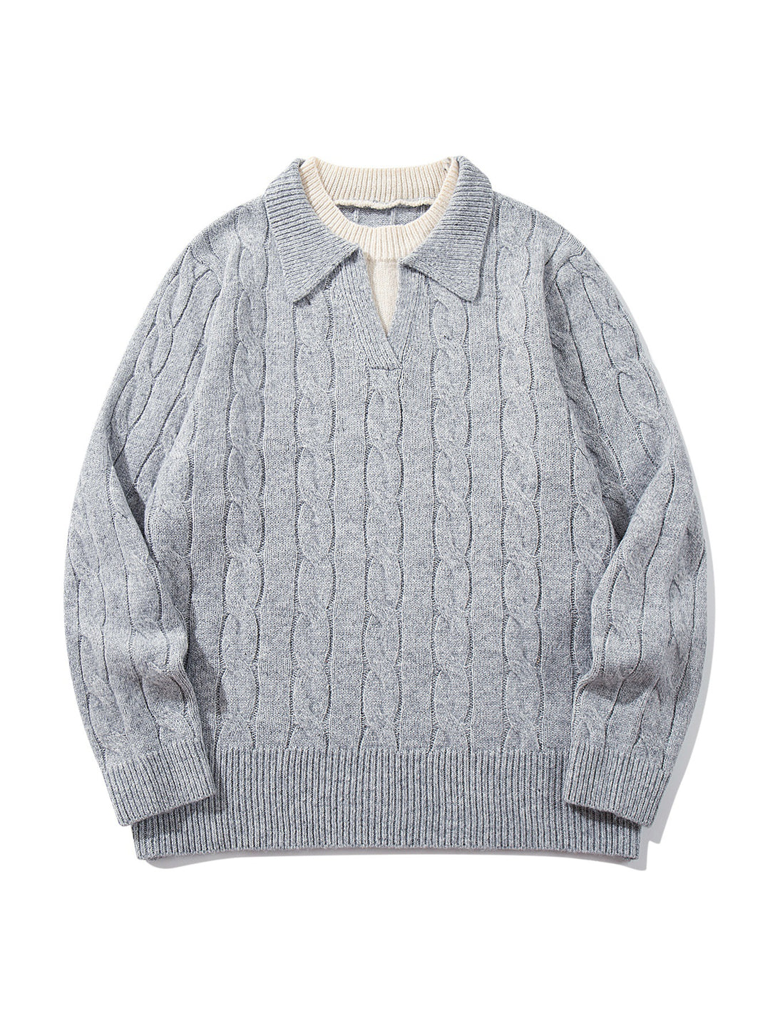 Unisex Strukturiertes Zopfstrick-Pullover mit Polokragen und tiefem V‑Ausschnitt Echoarchiv