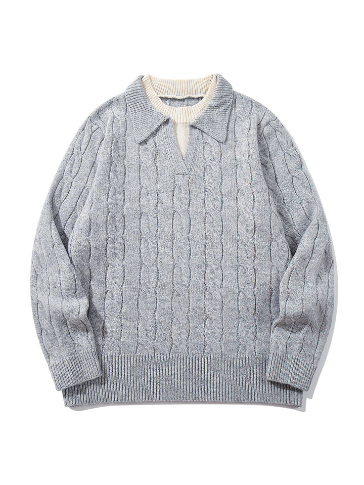 Unisex Strukturiertes Zopfstrick-Pullover mit Polokragen und tiefem V‑Ausschnitt Echoarchiv
