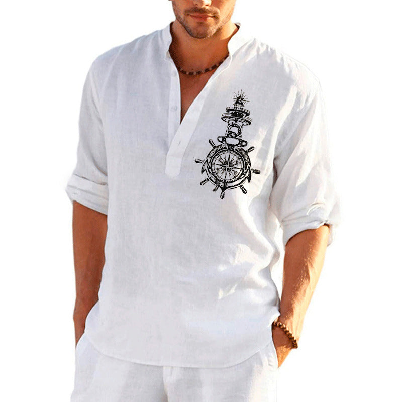 Herren Leinenhemd mit maritimem Steuerrad-Design Echoarchiv