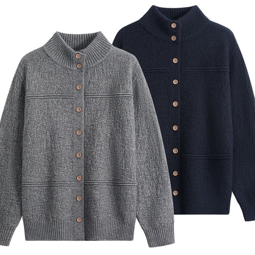 Damen Langer Oversize-Wollmix-Cardigan mit hohem Rippenkragen und Vintage-Knöpfen Echoarchiv