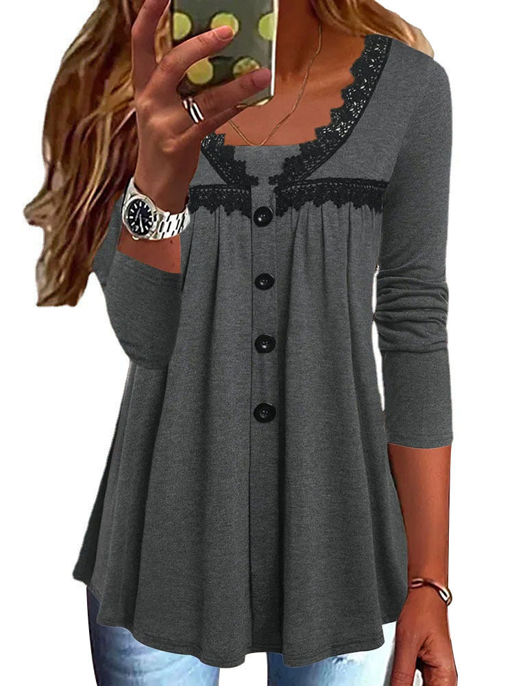 Damen A-Linien Tunika-Shirt mit Knopfleiste, Spitzen‑YokEchoarchivesatz und geraffter Empire‑Naht – Lunéa