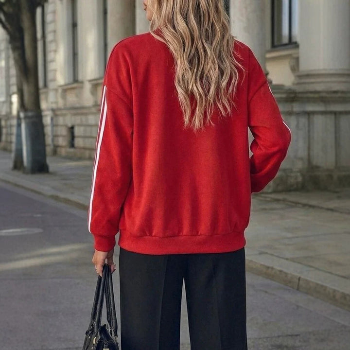 Damen Oversized Collegejacke mit Druckknopfleiste und kontrastierenden Streifenärmeln – Célinea
