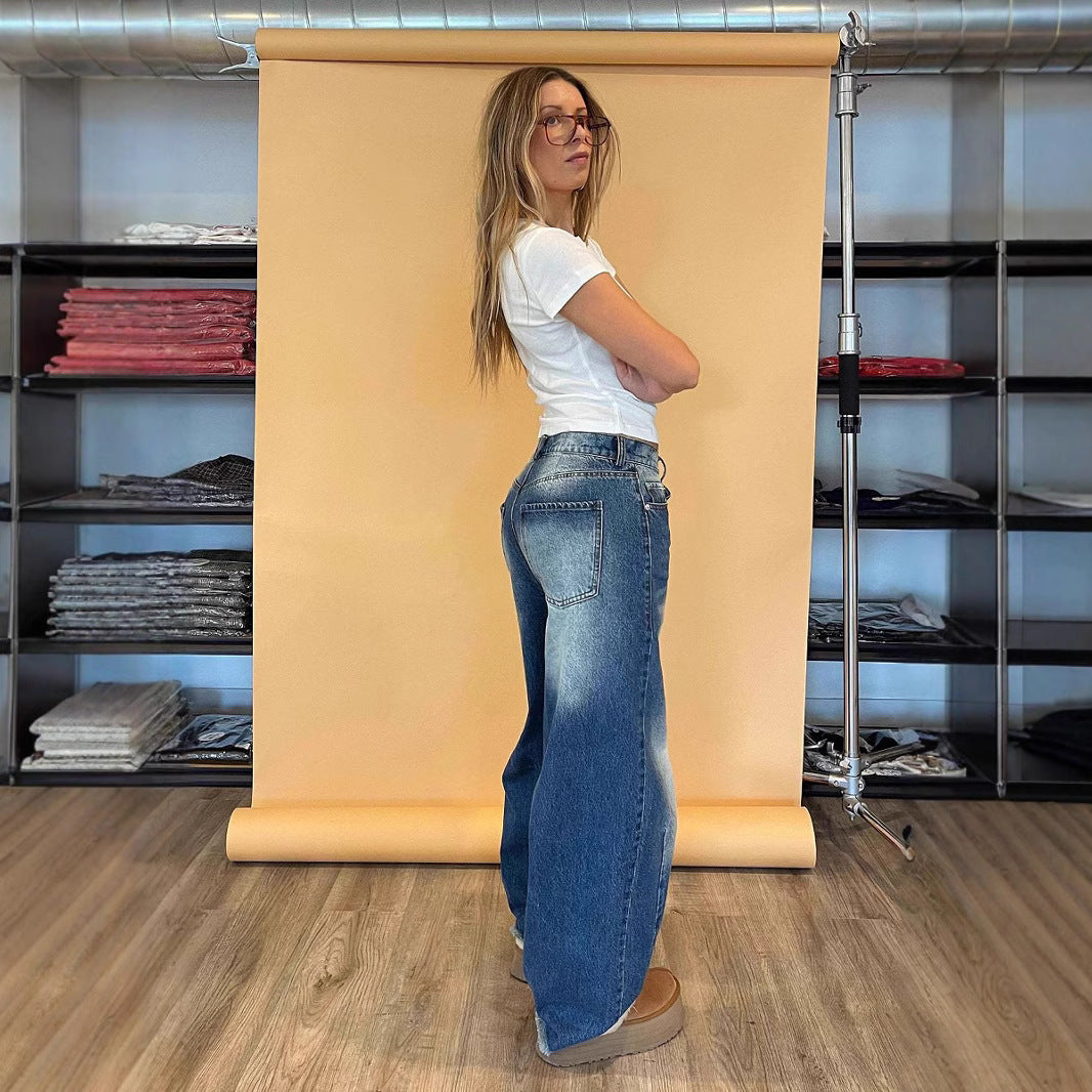 Damen nan weite Baggy-Jeans mit tiefer Schrittnaht, markanten Knieabnähern und verstärktem Five‑Pocket‑Schnitt Echo Archiv
