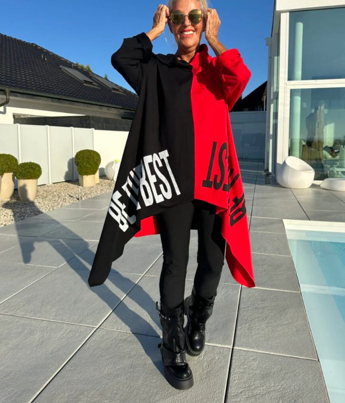 Damen nan weit geschnittener Kapuzenponcho mit asymmetrischem Zipfelsaum und großflächigem Statement-Print Echo Archiv