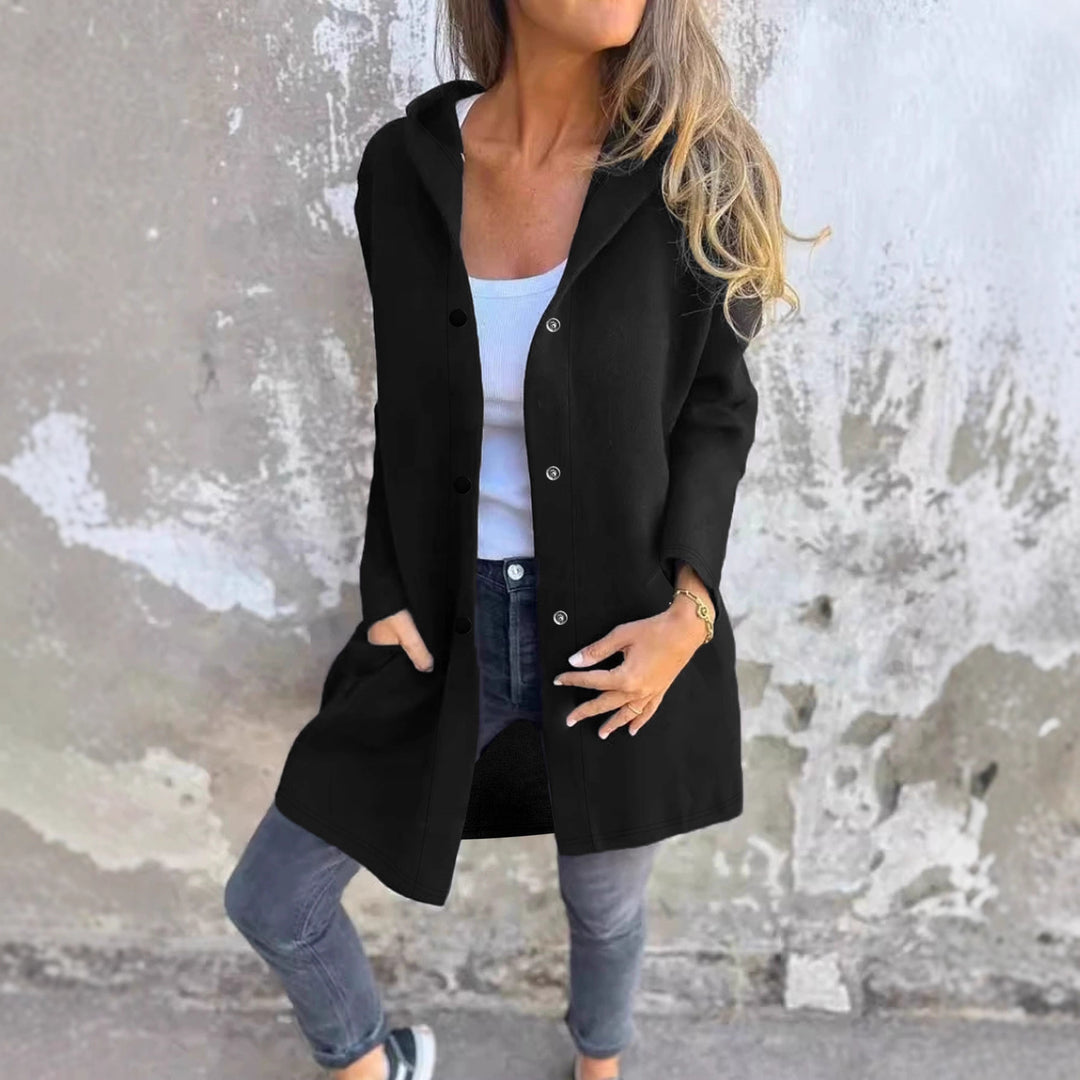 Damen Langer Kapuzen-Cardigan mit Druckknopfleiste, Eingrifftaschen und legerer Silhouette – Veloura