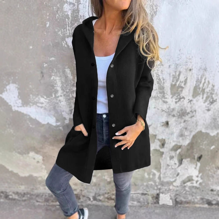 Damen Langer Kapuzen-Cardigan mit Druckknopfleiste, Eingrifftaschen und legerer Silhouette – Veloura