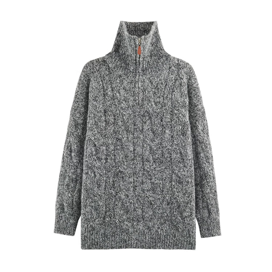 Damen Grobgestrickter Longpullover mit Zopfmuster und halbhohem Reißverschlusskragen Echoarchiv