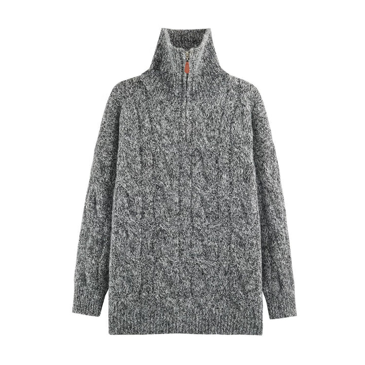 Damen Grobgestrickter Longpullover mit Zopfmuster und halbhohem Reißverschlusskragen Echoarchiv