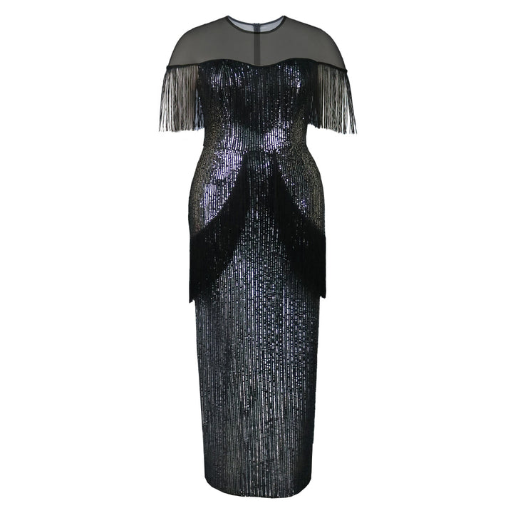 Damen glamouröses Abendkleid mit Fransen und Glitzer-Details Echo Archiv