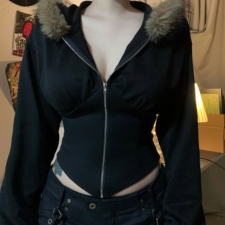 Damen Kurzgeschnittene Kapuzenjacke mit figurformender Rippen‑Corsage und durchgehendem Reißverschluss Echo Archiv