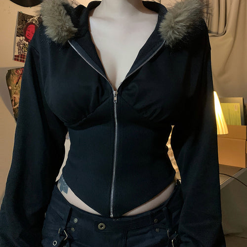 Damen Kurzgeschnittene Kapuzenjacke mit figurformender Rippen‑Corsage und durchgehendem Reißverschluss Echo Archiv
