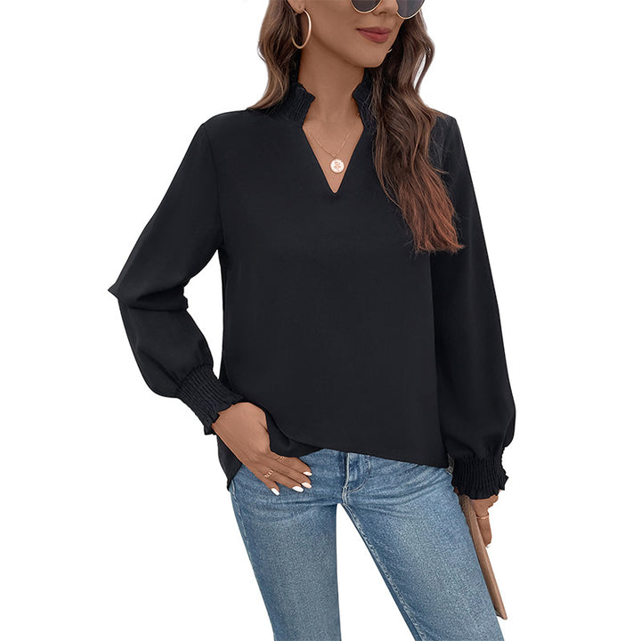 Damen Lockeres V-Ausschnitt-Blusenshirt mit Smokmanschetten und geradem Saum Echoarchiv